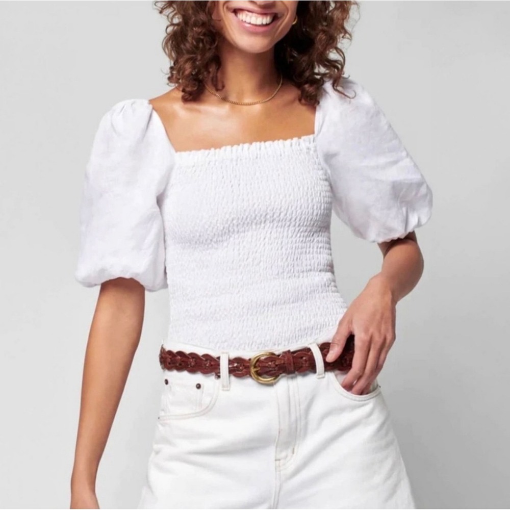 Faherty Frankie Smocked Linen Puff Sleeve Top Oyster White Square Neck - XSmall